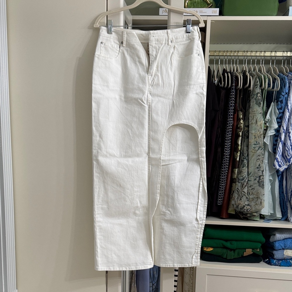 Anthropology denim maxi skirt with leg cut out. NWT